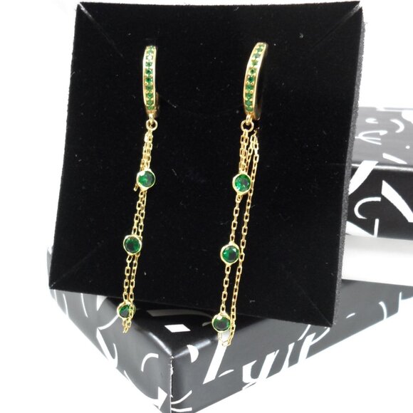 GABI RIELLE 14K Gold-Plated Sterling Emerald Crystal Dangle Pave Huggie Earrings - Picture 8 of 13